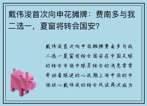 戴伟浚首次向申花摊牌：费南多与我二选一，夏窗将转会国安？