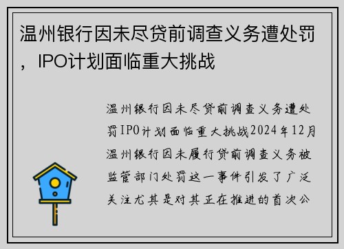 温州银行因未尽贷前调查义务遭处罚，IPO计划面临重大挑战