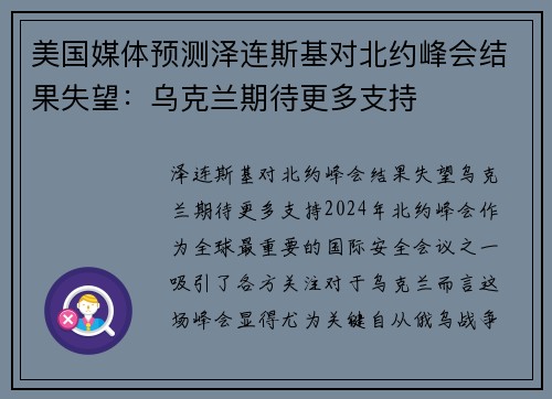 美国媒体预测泽连斯基对北约峰会结果失望：乌克兰期待更多支持