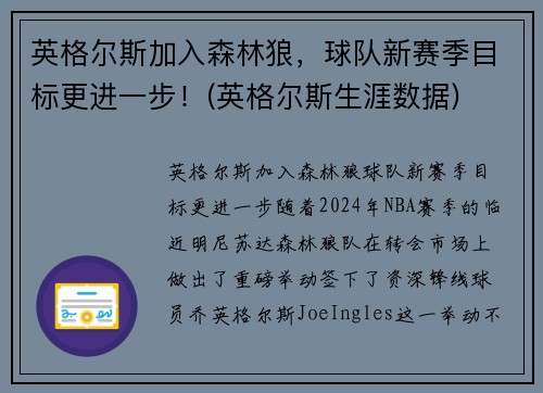 英格尔斯加入森林狼，球队新赛季目标更进一步！(英格尔斯生涯数据)