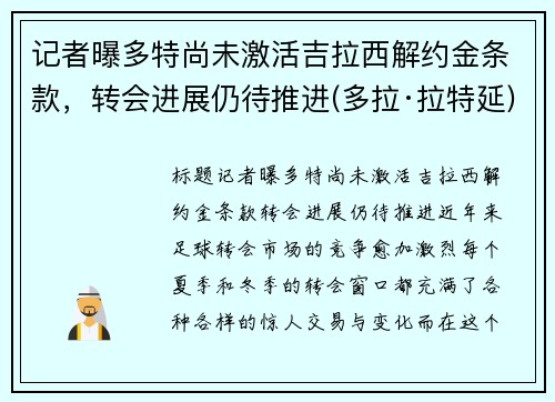 记者曝多特尚未激活吉拉西解约金条款，转会进展仍待推进(多拉·拉特延)